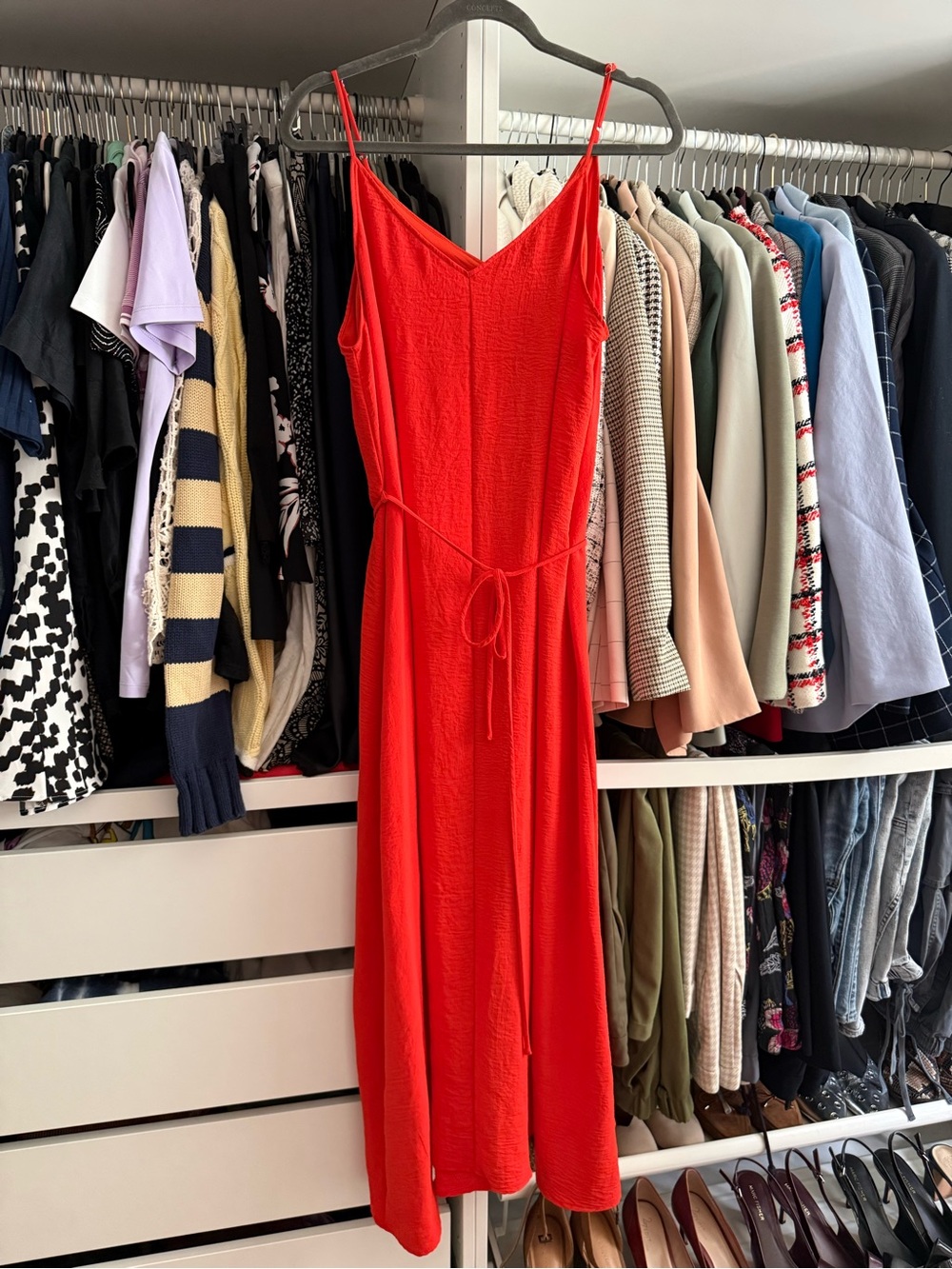 Gilli Red Spaghetti-Strap Midi Dress with Tie Waist